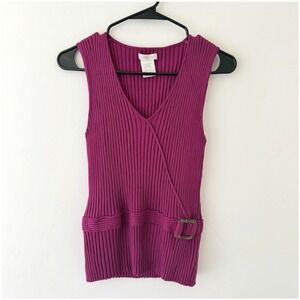 Vintage Y2K Magenta Knit Tank XL Silk Blend Ribbed Fitted Stretch Buckle 2000s